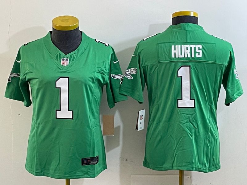 Women Philadelphia Eagles 1 Hurts Green three generations 2025 Nike Vapor Limited NFL Jersey style 1